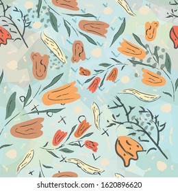 Hand Drawn Floral Seamless Pattern on blue. Vector Illustration