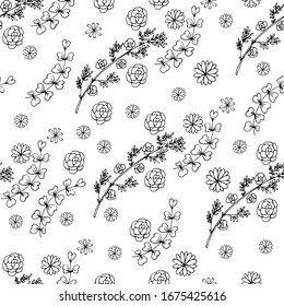 Hand drawn floral seamless pattern. Black and white vector doodles background. Branches, leaves, flowers.