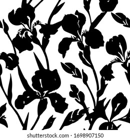 Hand drawn floral seamless pattern. Silhouettes of blooming iris flowers. Simple summer background with botanical shadows texture. Trendy nature ornament.