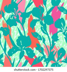 Hand drawn floral seamless pattern. Silhouettes of blooming iris flowers. Simple summer background with botanical shadows texture. Trendy nature ornament.