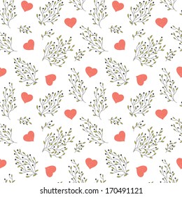 hand drawn floral seamless pattern with hearts