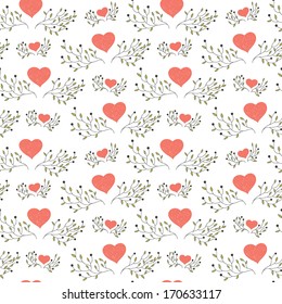 hand drawn floral seamless pattern with hearts