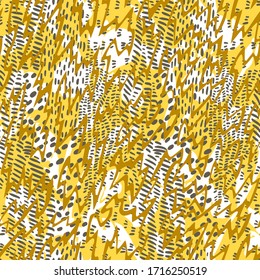 Hand drawn floral seamless pattern. Silhouettes of blooming iris flowers with animal skin leopard tiger print texture. Trendy nature ornament.
