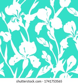 Hand drawn floral seamless pattern. Silhouettes of blooming iris flowers. Simple summer background with botanical shadows texture. Trendy nature ornament.