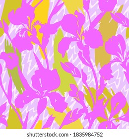 Patrón sin costuras floral dibujado a mano. Silhouettes de flores de iris florecientes. Sencillo fondo de verano con textura de sombras botánicas. El adorno de moda de la naturaleza.