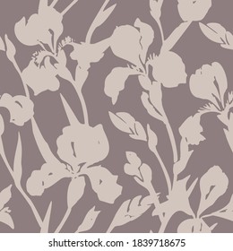 Hand drawn floral seamless pattern. Silhouettes of blooming iris flowers. Simple summer background with botanical shadows texture. Trendy nature ornament.