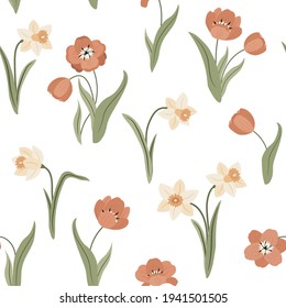 Hand drawn floral seamless pattern with delicate cream daffidils and pink tulips on the white background