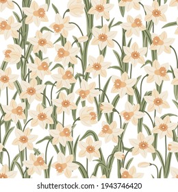 Hand drawn floral seamless pattern with delicate cream daffidils scattered on the white background