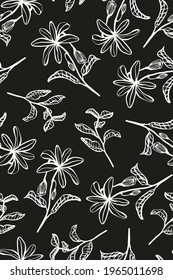 Hand drawn floral seamless pattern. Vector Outline Flowers and Leaves All Over Print on Black Background
