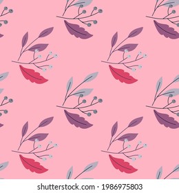 Hand drawn floral seamless pattern with leaves and berries in purple, blue and pink colors. Decorative shapes. Great for fabric design, textile print, wrapping, cover. Vector illustration.