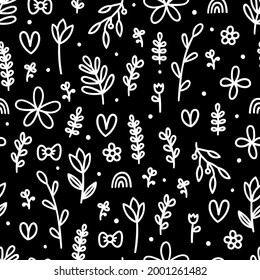 Hand drawn floral seamless pattern. Cute background with flowers. Simple graphic design. Scandinavian style. Vector illustration