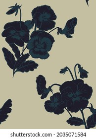 Hand drawn floral seamless pattern with black flowers on pale green background.Bouquets of pansies .