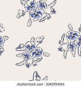 Hand drawn floral seamless pattern with bouquets of  pansy flowers  on off white background in sketchy style. 