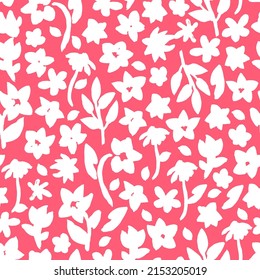 Hand drawn, floral seamless pattern. Botanical vector background with painted flowers. Craftdrawn retro styled small scaled fashion print for fabric, paper, home textile and goods