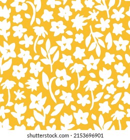 Hand drawn, floral seamless pattern. Botanical vector background with painted flowers. Craftdrawn retro styled small scaled fashion print for fabric, paper, home textile and goods