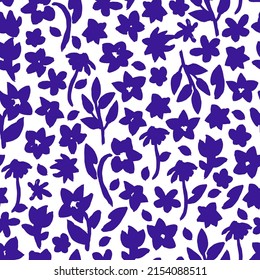 Hand drawn, floral seamless pattern. Botanical vector background with painted flowers. Craftdrawn retro styled small scaled fashion print for fabric, paper, home textile and goods