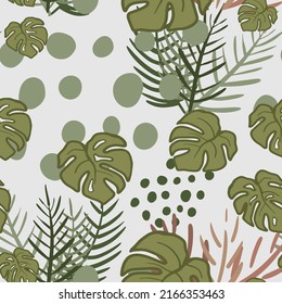 Hand drawn floral seamless pattern. Exotic green leaves background. Abstract simple seamless pattern.