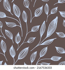 Hand Drawn Floral Seamless Pattern, freehand sketch wallpaper. Background with stylised plant leaves. Foliage botanical backdrop and illustration. 