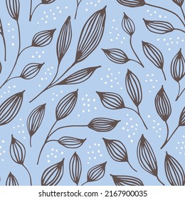 Hand Drawn Floral Seamless Pattern, freehand sketched wallpaper. Background with stylised plant leaves. Foliage botanical backdrop and illustration. 