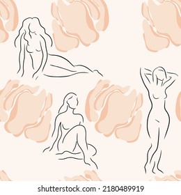 Hand drawn floral seamless pattern with women's silhouettes. Organic tender illustration.