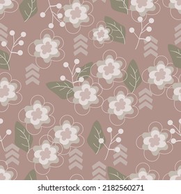 Handgezeichnetes, nahtloses Muster. Olive-grüne Blätter mit Pfeilrichtung Symbol auf hellbraunem Farbhintergrund. Retro stylische Vektorgrafik. Textil, Stoffmuster, Oberflächenmuster.