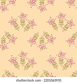 Hand drawn floral seamless pattern. Doodle bouquets of crimson and pink  flores with green leaves. Retro wallpaper design