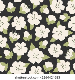 Patrón sin costuras floral dibujado a mano con flores blancas sobre un fondo negro. Textura simple de moda en vector. Ideal para el envolvimiento de tela de papel textil y más.
