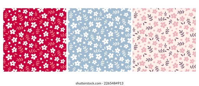 Patrón De Sensación De Flor De Mano. Bonito y Delicado Conjunto de Textura de Fondo de Flores. Impresión primido primaveral. Colección de ilustraciones vectoriales para textiles, diseño de tela, papel de envoltura, papel tapiz.