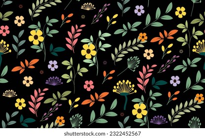 Hand drawn Floral seamless pattern colorful flowers, leaves branches ornamental vector spring design daisy background