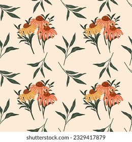 Hand drawn floral seamless pattern. Echinacea coneflower illustration