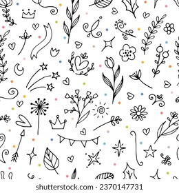Handgezeichnetes, nahtloses Muster. Abstrakter Hintergrund. Blumenkonstruktionselemente. Ideal für Stoff, Textilien, Tapeten. Vektorgrafik
