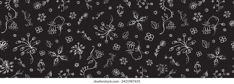 Patrón sin fisuras florales dibujado a mano en colores blanco y negro. Ilustración vectorial horizontal