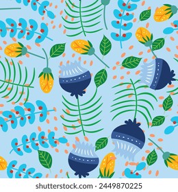 Hand drawn floral seamless pattern for print, textile, fabric. Spring summer decorative flowers background.