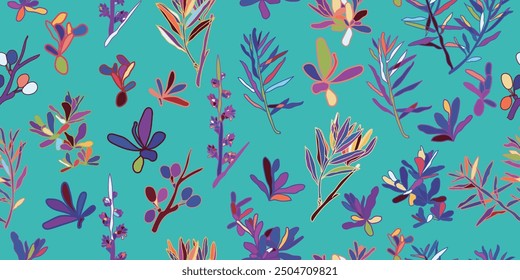 Handgezeichnetes florales nahtloses Muster. Silhouetten von blühenden Sanddornblumen. Einfacher Sommerhintergrund mit botanischer Schattentextur. 