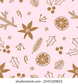 Hand drawn floral seamless pattern with traditional Christmas elements, holly leaves and berries. Vintage style. 