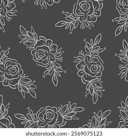 Hand drawn floral seamless pattern roses and floral elements on a dark grey background vector illustration