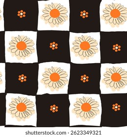 Hand Drawn Floral Seamless Pattern in Doodle Style with Bold Black Squares. Colorful flowers and foliage with cute line sketches of branches isolated on white background. Perfect for invitations
