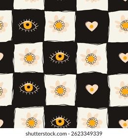 Hand Drawn Floral Seamless Pattern in Doodle Style with Black Squares, Eyes and Hearts . Colorful flowers and foliage with cute line sketches of branches isolated on white background. Perfect for