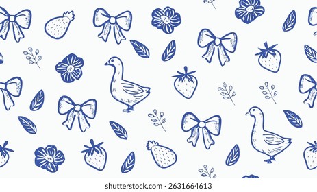 Hand drawn floral seamless pattern design perfect for textile wallpaper or surface pattern projects Features vibrant colors and a cute whimsical style