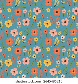 Dibujado a mano patrón floral sin fisuras con flores de colores sobre fondo azul