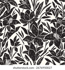 Dibujado a mano patrón floral sin fisuras, Vector garabato fondo de azulejo de la flor, textura de carbón negro. Diseño de tela contemporánea botánica, Fondo de pantalla moderno de la naturaleza de la primavera. Patrón negro tropical floral