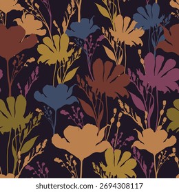 Hand Drawn Floral Seamless Pattern. Abstract Flowers Colorful Print Design. Plants, Flowers Graphic Style Textile Wallpaper. Vector Floral Abstract Simple Illustration. Not AI