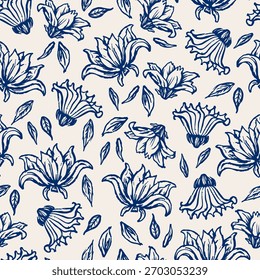 Hand Drawn Floral Seamless Pattern. Abstract Flowers Monochrome Print Design. Plants, Flowers Graphic Style Textile Wallpaper. Vector Floral Abstract Simple Illustration. Not AI