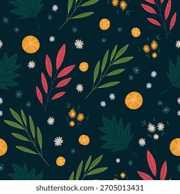 Hand Drawn Floral Seamless Pattern with Branches, Leaves, Flowers and Berries on a Dark Background, Vector Illustration.