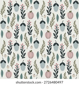Dibujado a mano patrón floral sin fisuras - ilustración de arte moderno de Folk - flores lindas Cottagecore - diseño de papelería Tela Textil Folclore escandinavo Ornamento Bayas