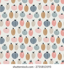 Dibujado a mano patrón floral sin fisuras - Ilustración de arte moderno de Folk - Cottagecore lindo de la baya - Diseño de papelería Tela Textil Folclore escandinavo Ornamento Bayas Gooseberry