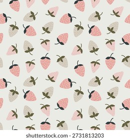 Dibujado a mano patrón floral sin fisuras - Ilustración de arte moderno de Folk - Cottagecore de la baya linda - Diseño de papelería Tela Textil Folclore escandinavo Ornamento Bayas Fresa