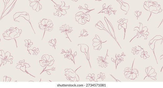 Hand drawn floral seamless pattern in charcoal or crayon drawing style