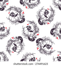 Hand drawn floral seamless pattern with love birds. Vector line art.