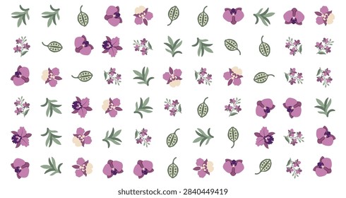 hand drawn floral seamless pattern featuring purple orchids and green leaves on a clean white background ideal for textile design and spring wrapping paper